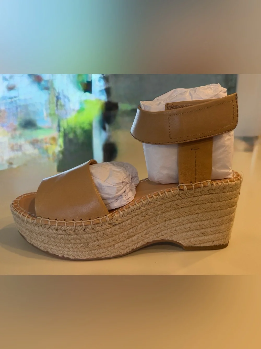 New In Box Frye Tan Leather Espadrille Wedge Sandals